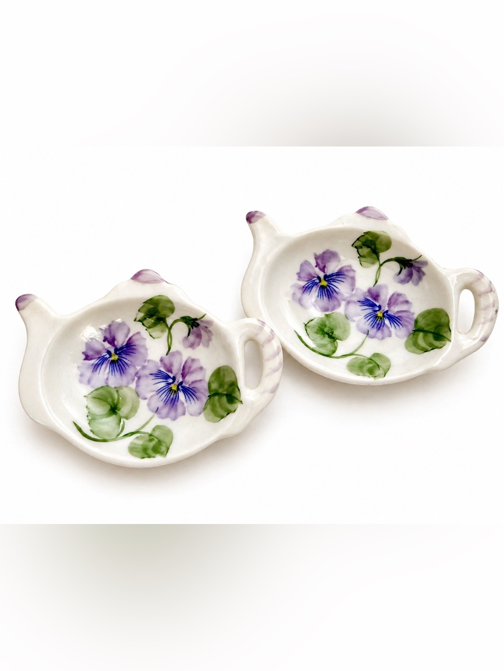 Vintage Teapot Shaped Trinket Dishes Set of 2 Hand Painted Violet Floral